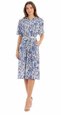Vintage 90s Womens 12 Karin Stevens Blue Floral Rayon Midi Dress Belted